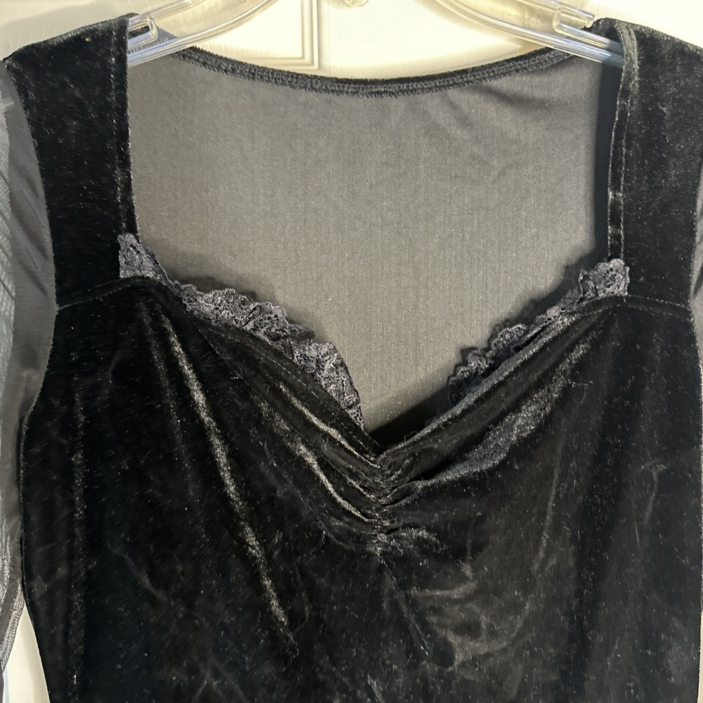 Black Velvet Chiffon Bell Sleeve Gothic Dark Fairy Whimsy Witchy Medium Dress - Picture 6 of 8
